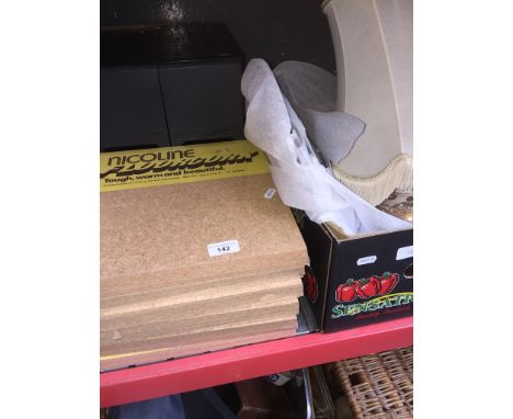 A box containing a lamp &amp; mirror, CD storage unit and cork tiles 