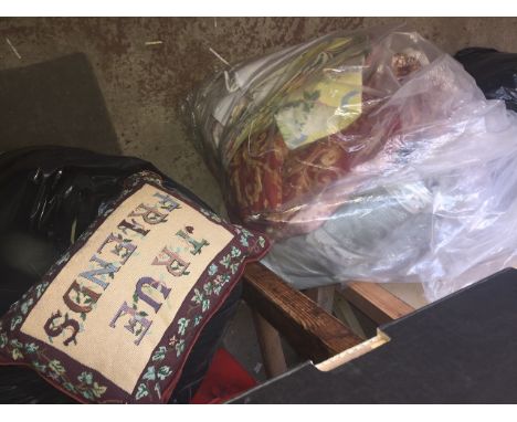 3 bags of misc curtains, material, cushions, etc. 