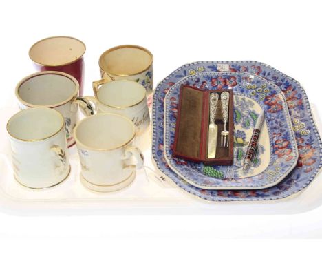 Georgian silver knife and fork, boxed; two ironstone dishes and six 19th Century mugs (9)