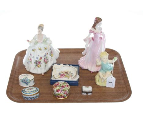 Two Royal Worcester figures, Royal Doulton figure, Limoges trinket box, etc (7)