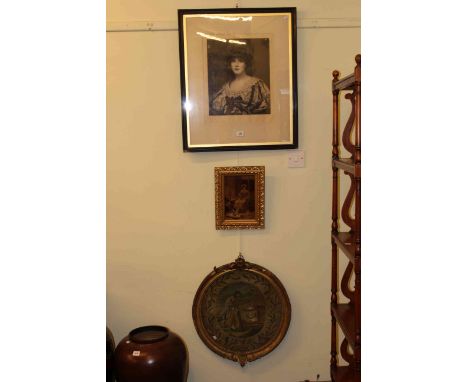 18th Century silk needlework, Shakespeare tomb, in gilt gesso frame; chrystoleum and portrait print (3)
