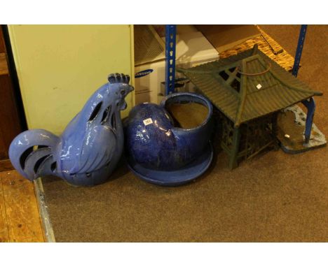 Footscraper, metalwork bird feeder, pottery garden chicken, planter and bird bath
