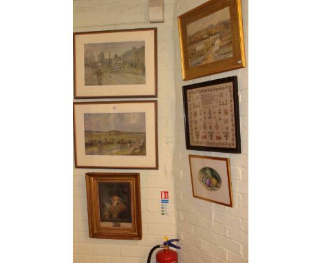 1922 sampler, two Lionel Edwards prints including Bedale, engraving, etc