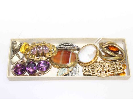 Three-stone amethyst brooch and costume jewellery