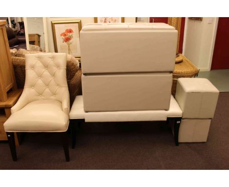 Six pieces of cream leather furniture to include button backed chair, double stool, two ottomans and two footstools