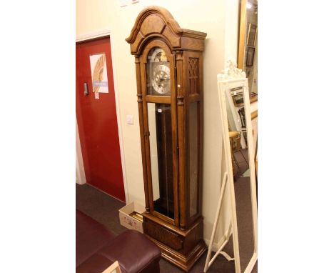 Modern oak cased longcase clock with brass and silvered dial