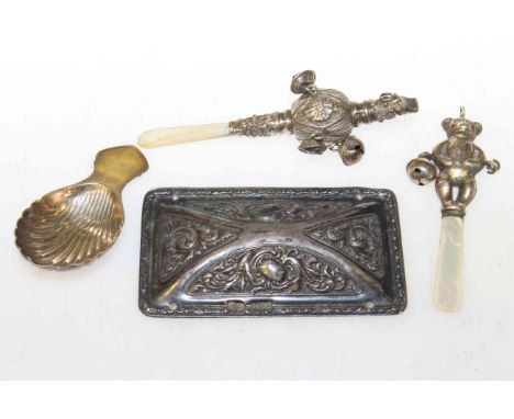 Silver caddy spoon, rattle, etc