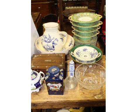 Booths blue scale caddy, Copeland Aesthetic wash jug and bowl, 'Pearl' dessert service, etc