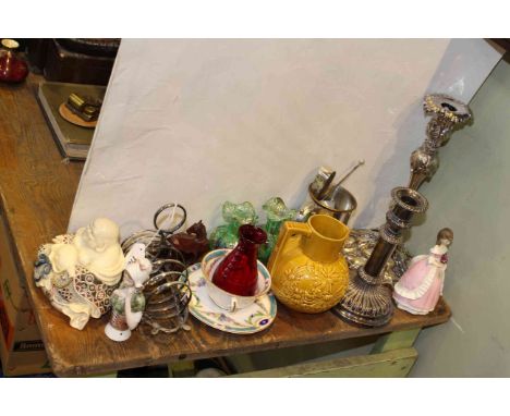 Victorian EP candlestick, happy buddha, Royal Worcester figure, pin cushion lady, etc