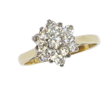 A diamond cluster ring, thirteen round brilliant cut diamonds weighing approximately 0.86cts in total, hallmarked 18ct yellow