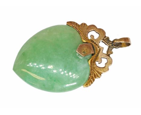 A jadeite jade heart shaped double sided cabochon pendant, yellow metal mount, the bail marked '585', length 33mm, gross weig