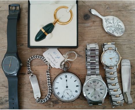 A mixed lot comprising a silver pocket watch, a silver identity bracelet, a Swatch watch, two other watches, a Dunhill key fo