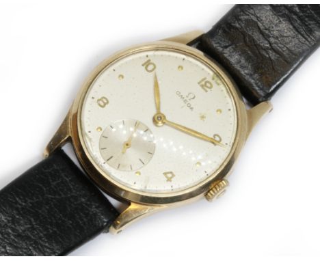 OMEGA: a gent's 9ct gold wristwatch, ref. 13322, cal 30 T2 PC, case diameter 33mm, 17 jewel manual wind movement, leather lea