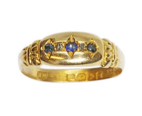 An antique 18ct gold diamond and blue stone ring, sponsor 'JH&amp;S', Chester 1916, gross weight 2.1g, size R.  Condition - s