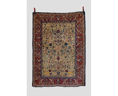 Tabriz pictorial rug, north west Persia, early 20th century, 6ft. 5in. X 4ft. 7in. 1.96m. X 1.40m. Overall wear. Ivory field 