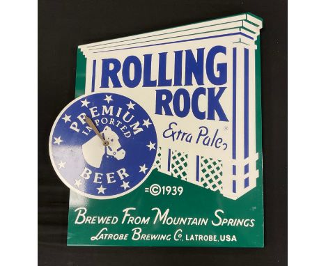 A reproduction 'Rolling Rock Premium Imported Beer' enamel advertising timepiece, with battery operated quartz movement, heig