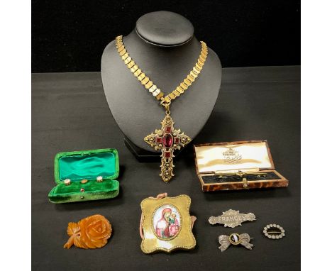 An Edwardian amethyst and seed pearl bar brooch, 15ct gold mount, 2.8g gross, silver Sweetheart brooch, FRANCE,  Chester 1900