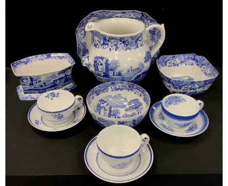 Spode Italian ware including large dairy jug, 31cm high, meat dish, bowls, three tea cups and saucers from the The Spode Blue