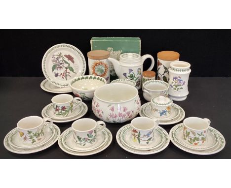 Portmerion Botanic Garden kitchen ware including; a tea pot, five tea cups and saucers, side plates, storage jars; etc 