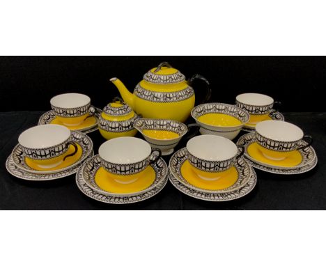 Royal worcester yellow and sway tea service for six comprised of; tea pot, milk jug, sugar bowl, six tea cups and saucers, si