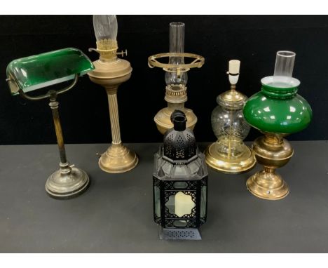 Lighting - oil lamps, bankers lamp, cut glass lamp; etc 