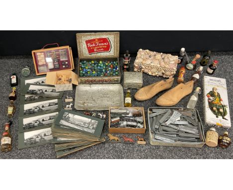 Boxes and objects - an quantity of vintage glass marbles, vintage toys, photographs, alcohol miniatures,  etc 