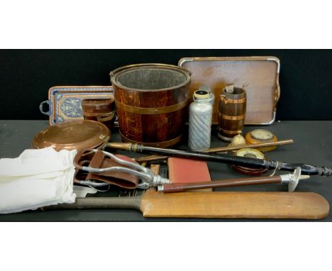 Boxes and Objects -Brass bound coal bucket, other; shooting stick, copper warming pan, 20th century cricket bat, silver mount