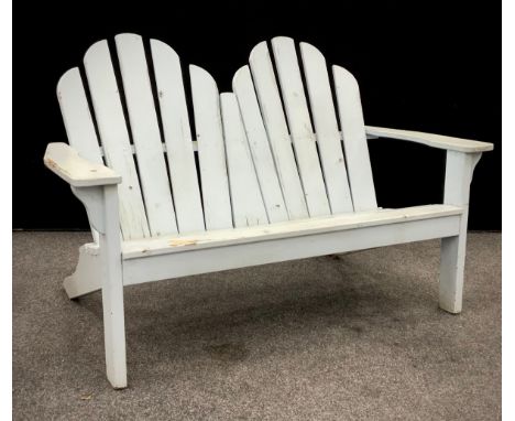 Garden furniture - a two seat pine garden bench, painted pale blue, 96cm high x 146cm wide x 47cm seat depth. 