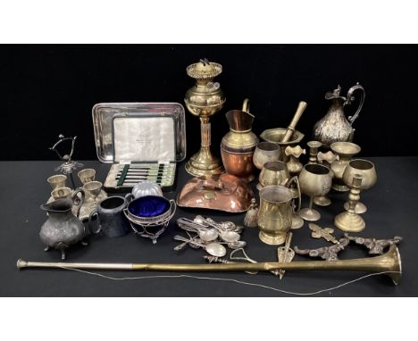 Metal ware. - brass oil lamp, pestle and mortar, engraved vases, Edwardian spoons, brass parade trumpet; etc 