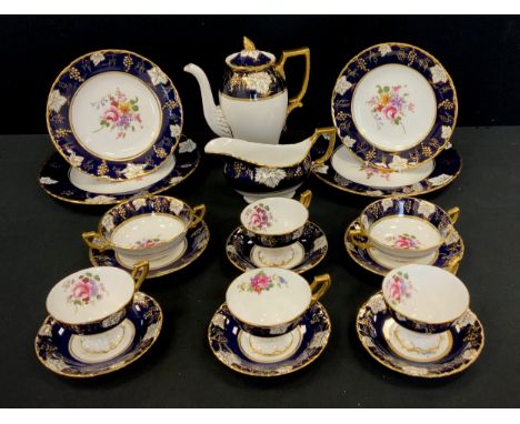 Royal Crown Derby - a Cobalt Vine pattern part tea and coffee set inc Coffee pot, tea cups and saucers, (4), soup bowls and s