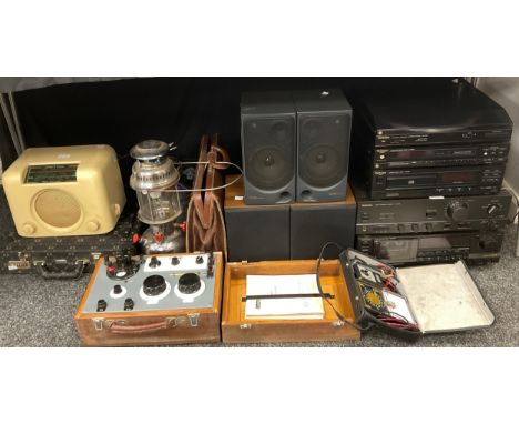 A Vintage Bush Radio;  a Technics stackable stereo system - Amplifier SU-V460, and stereo cassette deck RS-B755, speakers;  C