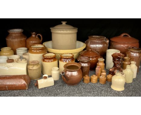 Salt glaze stoneware including lidded pot,26cm high and 35cm, Nawell's brick foot warmer, flagons, beakers and lidded pots, u