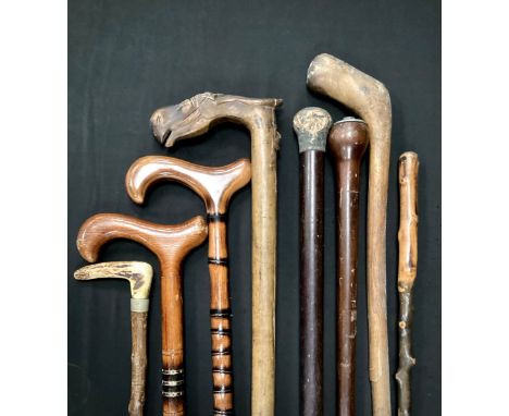 Walking Sticks - including Greek carved handled stick, with Horse Head handle, Mask top shaft, marked KEPKVPA, others Horn, B