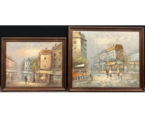 Caroline Burnett, Parisian Street Scene with figures, signed, oil on canvas, 51cm x 60cm;  another, 40cm x 50cm, (2). 