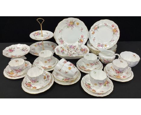 Royal Crown Derby ‘Derby Posie’ table ware including; two tier cake stand, eight tea cups and saucers, six sandwich plates; e