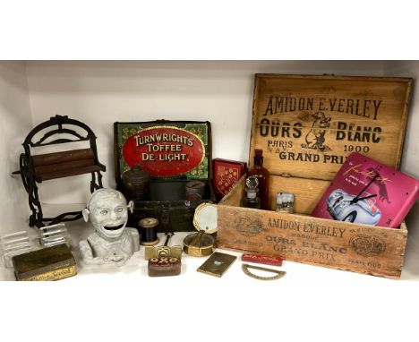 Boxes and Objects - Advertising including; Amidon E.Verley Curs Blanc Grand Prix 1900 wooden box, Turnwrights Toffee De Light