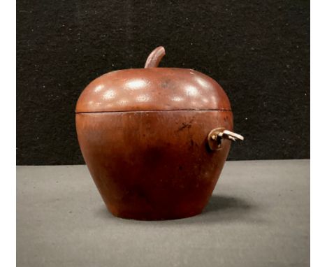 Wooden apple tea caddy, hinged lid and key present, 12cm high 