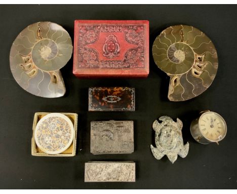 Boxes and Objects - an ammonite fossil, cut into two halves, and polished, each 16.5cm;  a small early 20th century Indian br