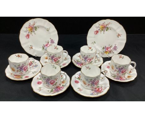 A set of six Royal Crown Derby ‘Derby Posie’ coffee cans and saucers, conforming pair of side plates, mostly seconds 