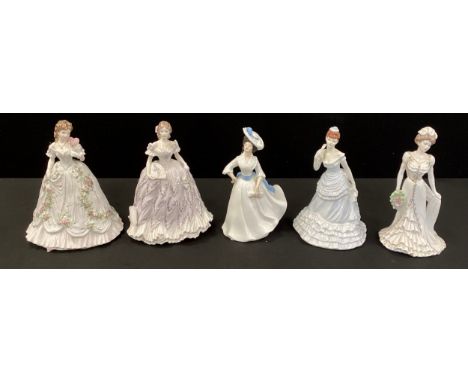 Royal Worcester ‘Queen of Hearts’ figure, 22cm high, Coalport ‘Charlotte’,Royal Doulton ‘Margaret’ HN2397, Coalport ‘Donna’, 