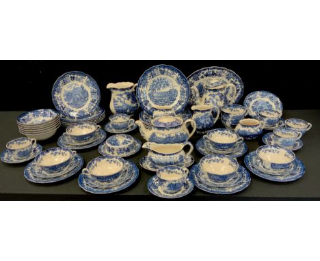 The Royal Worcester group 'Avon Scenes' pattern blue and white table service including; coffee pot, tea pot, six tea cups and