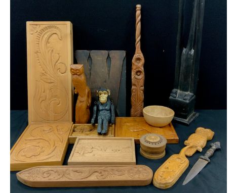 Treen - carved wooden plaques of scrolls and bird design, articulated carved chimp puppet, turned bowl, tribal figure, 106cm 