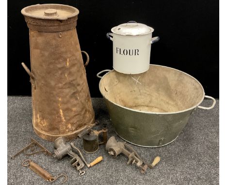 A vintage ‘Co-operative Wholesale Society’ milk churn, 74cm high;  enamelled flour bin;  etc 