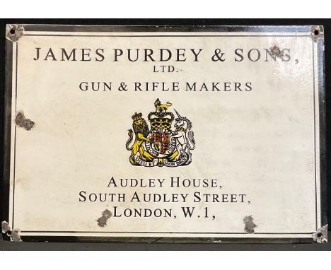 A replica enamel ‘Purdey &amp; Sons’ sign, 38cm x 25cm 