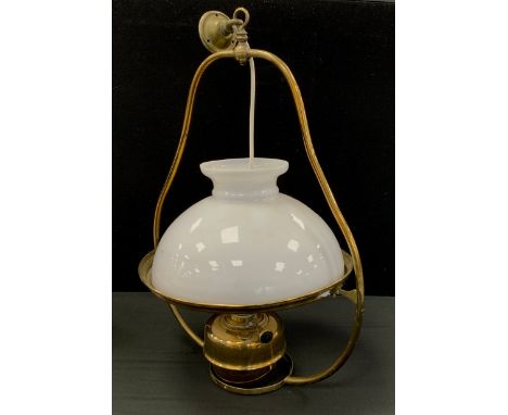 A late Victorian brass hanging oil lamp, 78cm high. 
