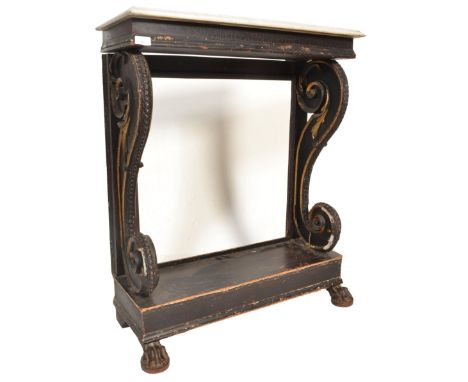 A 19th century Italian ebonised marble console table. The Italianate table with hairy paw feet having lower tier uniting. Abo