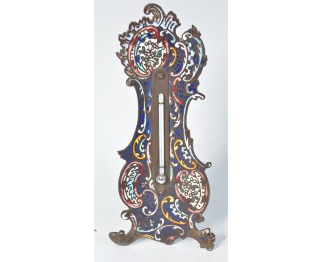 A 19th Century French bronze table desk top thermometer having champleve enamel decoration with deep cobalt blue ground and p
