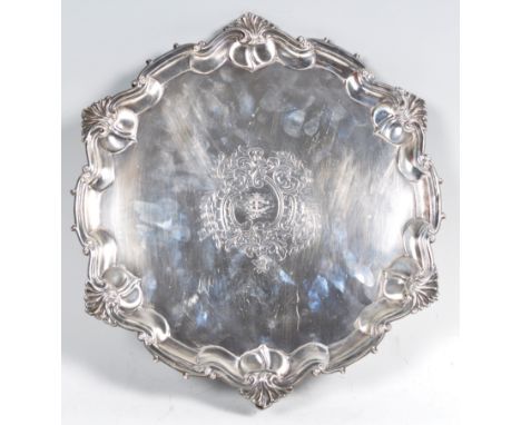 A 19th Century Victorian antique hallmarked silver salver tray by&nbsp;William Hutton &amp; Sons Ltd of shaped circular form 