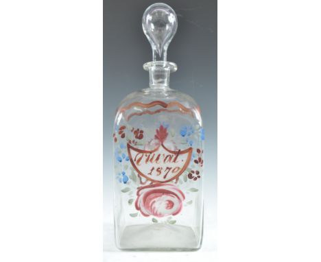 A 19th century Dutch hand painted clear glass rectangular based decanter with domed top with cylindrical neck and flared rim 