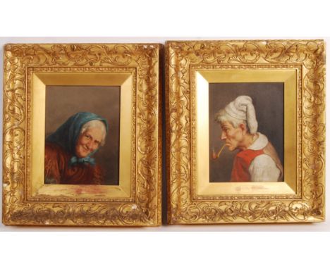 A pair of antique 19th century Italian School oil on board portrait paintings - the first of a smiling lady, the second of a 
